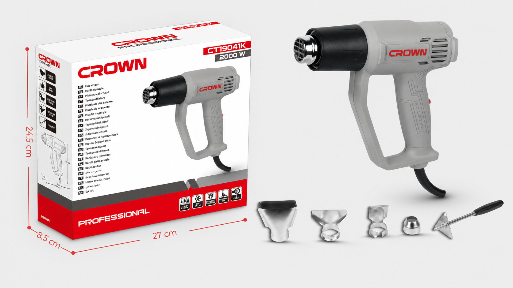 CROWN Heißluftpistole 2000 W 600°C mit verschiedenen Aufsätzen