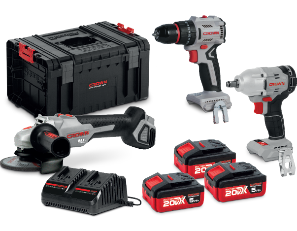 CROWN Akku Schlagbohrschrauber / Schlagschrauber / Winkelschleifer 20 V Set
