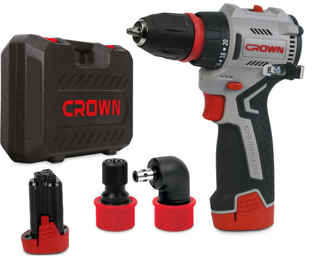 CROWN Akku Bohrschrauber 12 V 45 Nm mit verschiedenen Aufsätzen Set