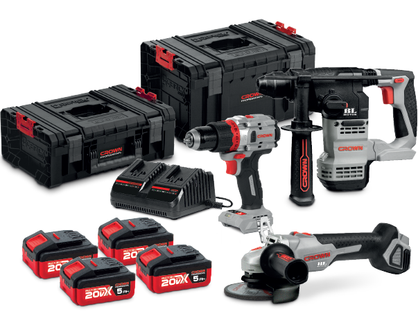 CROWN Akku Bohrhammer / Schlagbohrschrauber / Winkelschleifer 20 V Set