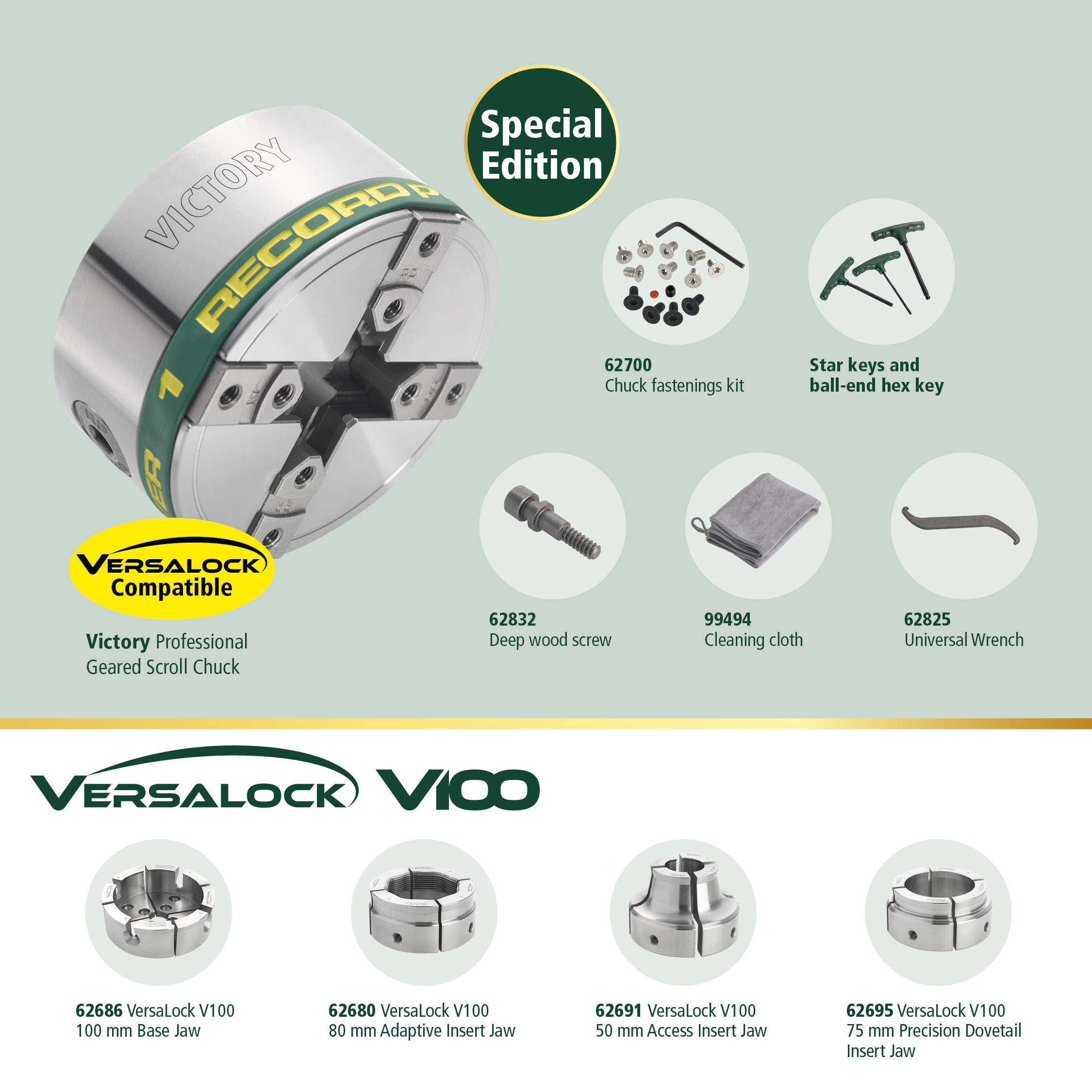 Victory Drechsel Futter V100 Set - M33 Aufnahme mit patentierten Schnellwechselsystem