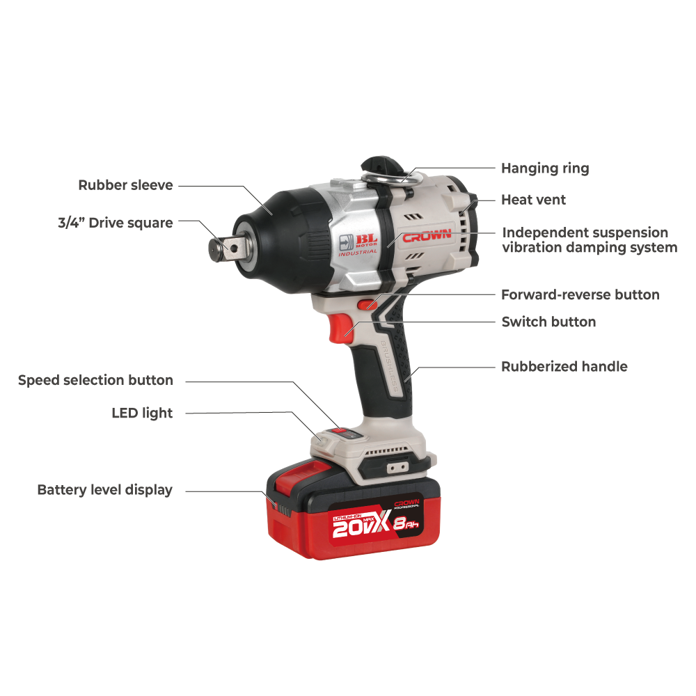 CROWN Akku Schlagschrauber 20 V 1500 Nm 3/4" Vierkantaufnahme vibrationsarm Set