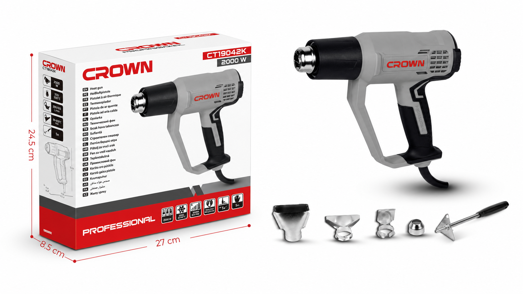 CROWN Heißluftpistole 2000 W 50-650°C mit Temperatureinstellung und verschiedenen Aufsätzen