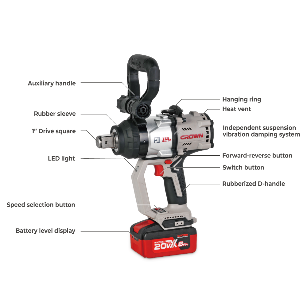 CROWN Akku Schlagschrauber 20 V 2200 Nm 1" Vierkantaufnahme vibrationsarm Set