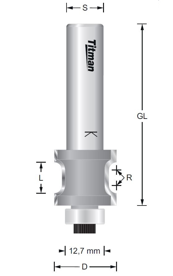 Doppelabrundfräser mit Anlauflager S=12 D18,7/12,7 x 58 mm – R=2,5