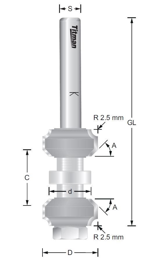 Doppel-Fasefräser/Abrundfräser verstellbar – S = 12 mm