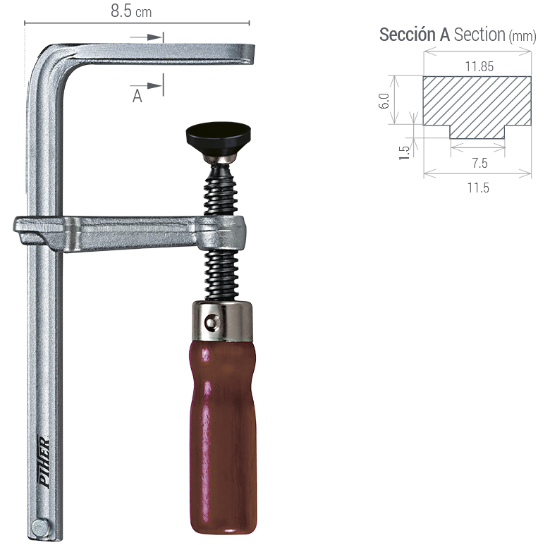PIHER Schraubzwinge bis 150kg Spannkraft für Führungsschienen - Modell TMM Spannweite 12-30 cm