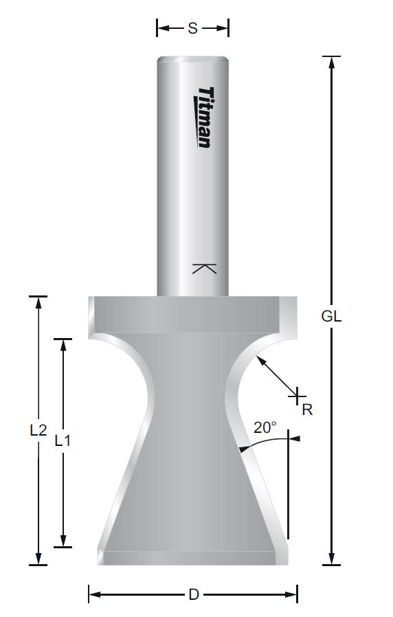 Fasefräser Abrundfräser S=12 D20 x 63 mm - R=3 GL=63 mm