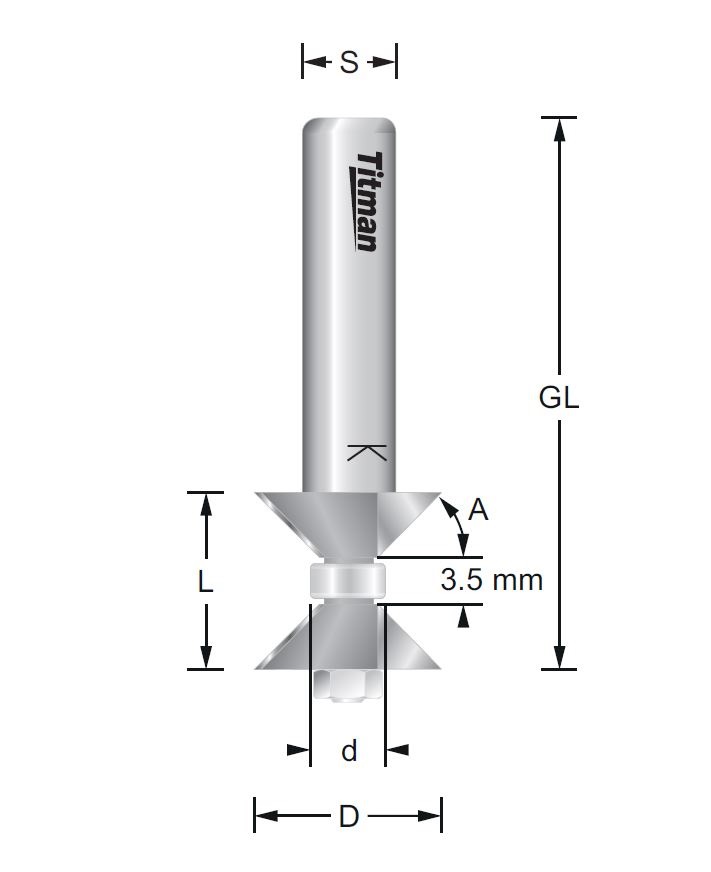 Doppelfasefräser Z=2+2 – S=6 D16/6,35 x 15 mm 45° GL=50 mm