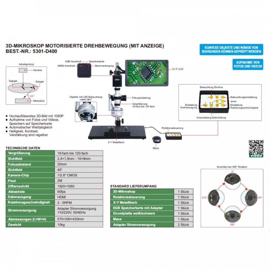 Insize 3D-Mikroskop Motorisierte Drehbewegung (mit Anzeige)